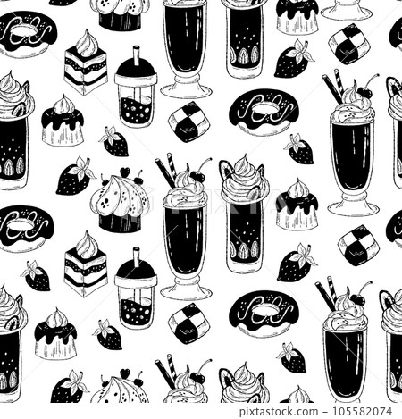 Seamless pattern with sweets, cakes and creamy desserts on white background. Vector illustration. Hand drawn doodle for design, decor, print, wallpaper and textile, packaging. 105582074