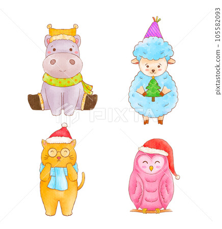 Cute watercolor of animals Christmas characters 105582093