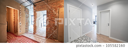 Comparison of old apartment before restoration and new renovated flat with modern interior design. Apartment with underfloor heating pipes before and after renovation. 105582160
