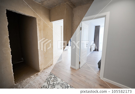 Modern apartment with doorways before and after refurbishment. Comparison of old flat and new place with white walls and modern interior design. Concept of home renovation. 105582173
