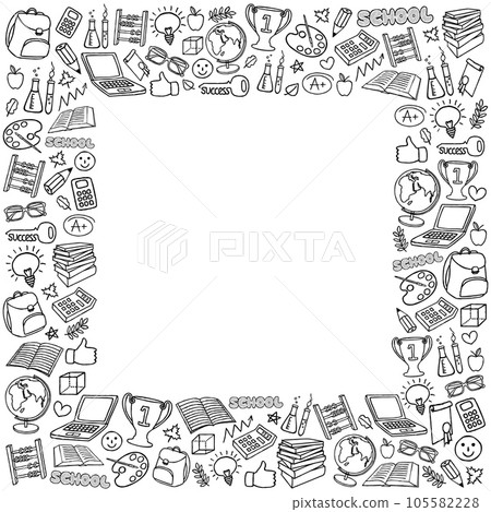 Hand drawn Back to School stationary frame or border. Set of school and education related items 105582228