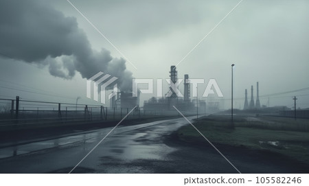 industrial wide landscape with chimneys with thick smoke causing air pollution in a gray smoky sky 105582246