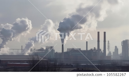 View of industrial landscape with chimneys with thick smoke causing air pollution in a smoky sky 105582267