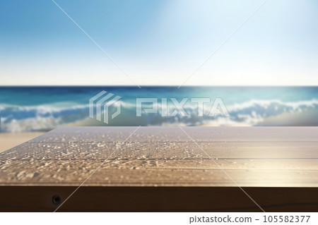 Empty wooden wet table in a beach , overlooking blue sea.Ai generative Empty wooden wet table in a beach , overlooking blue sea.Ai generative 105582377