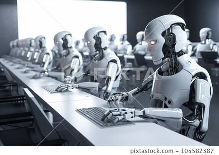 Close up of white humanoid robots sitting at table in white office, working with a keyboard 105582387