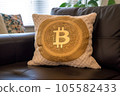 Pillow with Bitcoin symbol on a couch in modern interior, home decor with a popular cryptocurrency. Crypto in Real Estate concept. 105582433