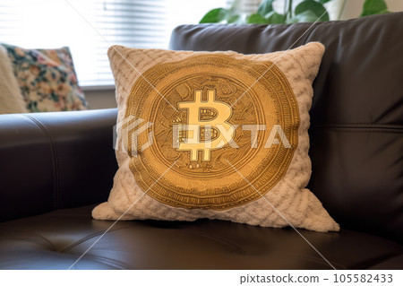 Pillow with Bitcoin symbol on a couch in modern interior, home decor with a popular cryptocurrency. Crypto in Real Estate concept. 105582433