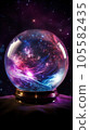 Magical crystal ball, globe for the future predictions glowing in purple, pink, blue Universe lights. Mystical fortune teller sphere for witchcraft rituals, astrology. 105582435
