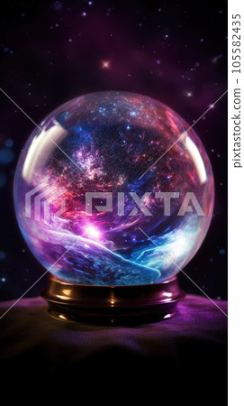 Magical crystal ball, globe for the future predictions glowing in purple, pink, blue Universe lights. Mystical fortune teller sphere for witchcraft rituals, astrology. Magical crystal ball, globe for the future predictions glowing in purple, pink, blue Universe lights. Mystical fortune teller sphere for witchcraft rituals, astrology. 105582435