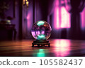 Magical crystal ball, globe for the future predictions glows green purple energy light on wooden surface in a room. Mystical fortune teller sphere for witchcraft rituals, no people. 105582437