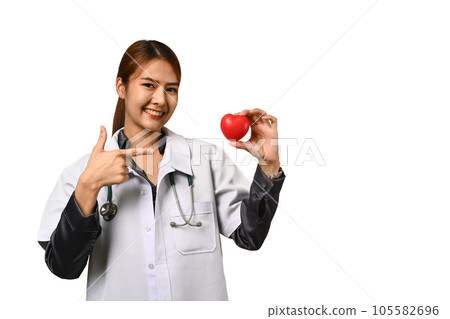 Image of female doctor holding stethoscope and red heart isolated white background. Cardiology, medicine and healthcare concept. 105582696