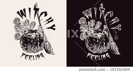 Monochrome label with cauldron with potion, fire 105582804