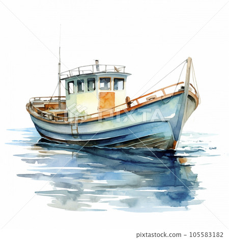 Watercolor hand drawn illustration background, barkas or lanch, blue boat in the sea, swings on waves, isolated background. Applicable for cards, surface design, packaging. 105583182