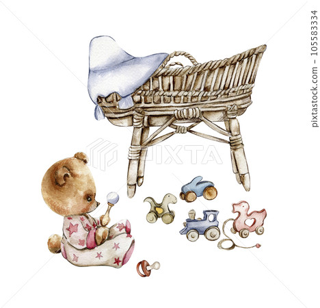 Composition of watercolor baby toys and teddy bear. Wood kids toys watercolor hand drawn. Educational wooden blocks and objects for toddlers.Perfect for wedding invitation, greetings card, posters. Composition of watercolor baby toys and teddy bear. Wood kids toys watercolor hand drawn. Educational wooden blocks and objects for toddlers.Perfect for wedding invitation, greetings card, posters. 105583334