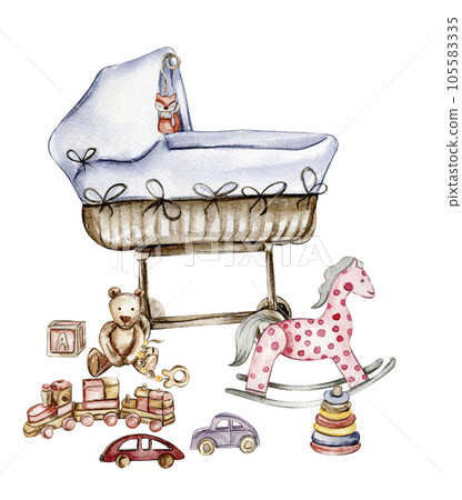 Composition of watercolor baby toys and teddy bear. Wood kids toys watercolor hand drawn. Educational wooden blocks and objects for toddlers.Perfect for wedding invitation, greetings card, posters. Composition of watercolor baby toys and teddy bear. Wood kids toys watercolor hand drawn. Educational wooden blocks and objects for toddlers.Perfect for wedding invitation, greetings card, posters. 105583335