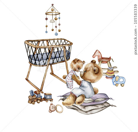 Composition of watercolor baby toys and teddy bear. Wood kids toys watercolor hand drawn. Educational wooden blocks and objects for toddlers.Perfect for wedding invitation, greetings card, posters. Composition of watercolor baby toys and teddy bear. Wood kids toys watercolor hand drawn. Educational wooden blocks and objects for toddlers.Perfect for wedding invitation, greetings card, posters. 105583339
