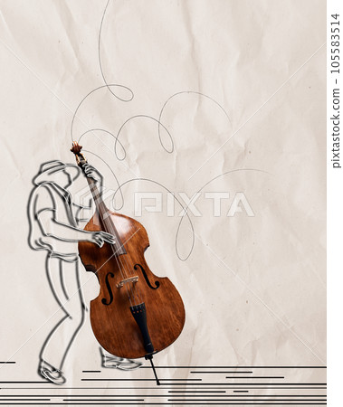 Line art. Silhouette of man playing contrabass over paper background. Contemporary art collage 105583514