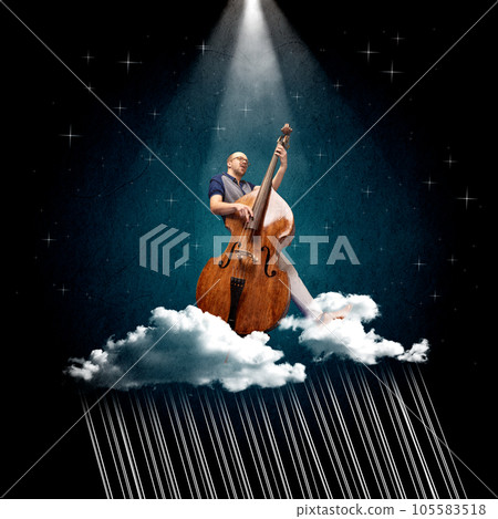 Artistic, talented young man playing contrabass on cloud with light. Creative design. Contemporary art collage 105583518