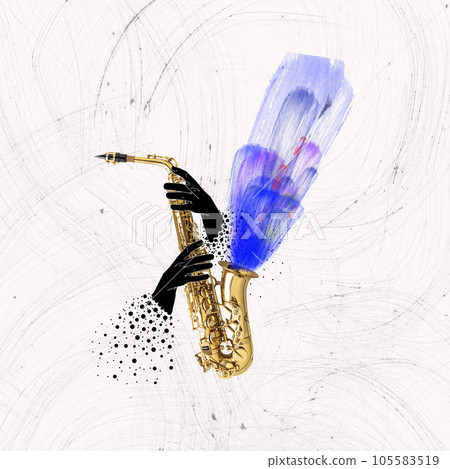 Abstract design with human hands holding saxophone over light background. Classical sound. Contemporary art collage 105583519