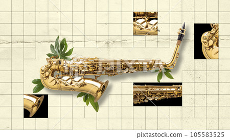 Creative retro style design with beautiful, shiny, gold saxophone. Classical music. Contemporary art collage 105583525