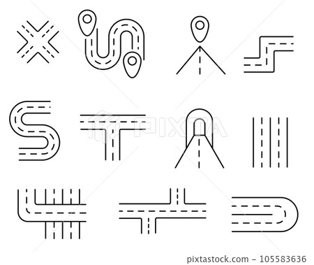 Road icon set. Road sections of different shapes. Navigation and roads related editable stroke outline icons set. Road icon set. Road sections of different shapes. Navigation and roads related editable stroke outline icons set. 105583636