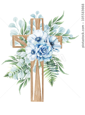 Floral cross. Wooden cross with blue flowers, fern, eucalyptus twigs. Baptism ceremony 105583668