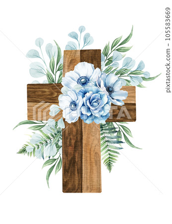 Floral cross. Wooden cross with blue flowers, fern, eucalyptus twigs. Baptism ceremony 105583669