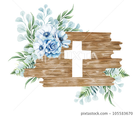 Floral cross. Wooden cross with blue flowers, fern, eucalyptus twigs. Baptism ceremony 105583670