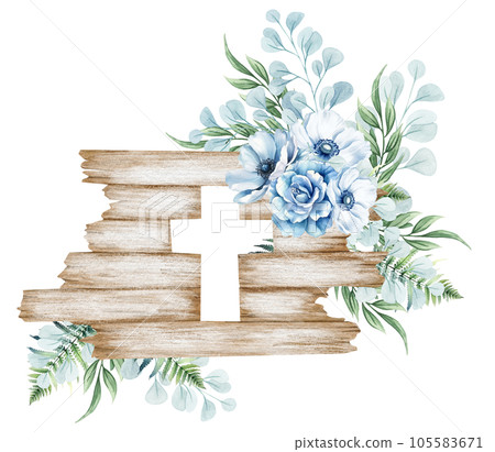 Floral cross. Wooden cross with blue flowers, fern, eucalyptus twigs. Baptism ceremony 105583671