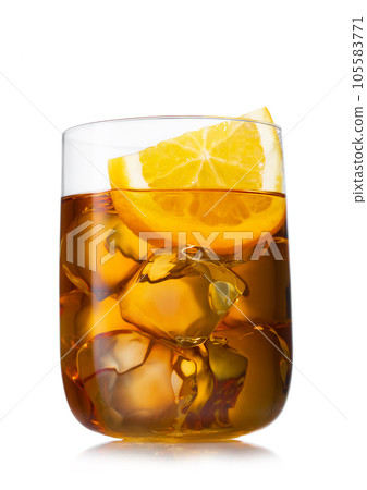 Large glass of lemon taste iced tea with ice cubes on white. Large glass of lemon taste iced tea with ice cubes on white. 105583771