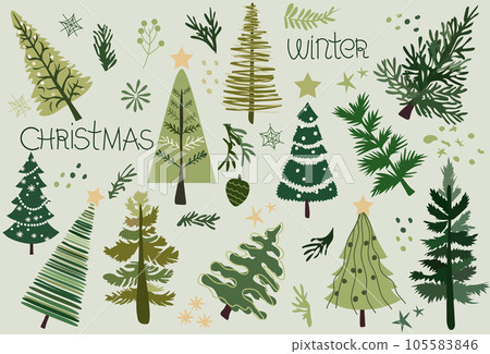 Hand-drawn vector collection of Christmas trees, adorned with festive ornaments, stars, snowflakes. Holiday poster featuring Christmas symbols. Perfect for web, banner, card. Vector 105583846