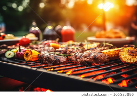 Party barbecue, delicious grilled meat on the grill 105583896