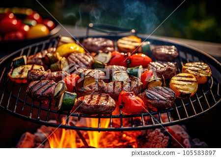Party barbecue, delicious grilled meat on the grill 105583897