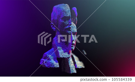 Abstract dissected or sliced sculpture bust. Backlight. Depth of field. Dark background. Abstract male head from dots. Abstract dissected or sliced sculpture bust. Backlight. Depth of field. Dark background. Abstract male head from dots. 105584339