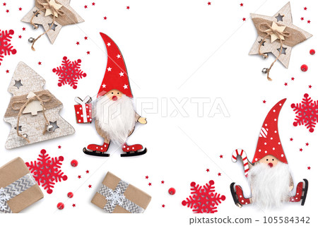 Christmas or New Year greeting card. Christmas decorations on white background Christmas or New Year greeting card. Christmas decorations on white background 105584342