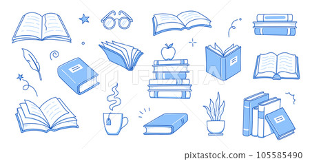Book library stack sketch set. Hand drawn sketch doodle style line book stack. Library, reading, school doodle concept icon background. Blue pen line style stroke. Vector Book library stack sketch set. Hand drawn sketch doodle style line book stack. Library, reading, school doodle concept icon background. Blue pen line style stroke. Vector 105585490
