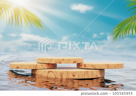 3d wooden podium with copy space for product display presentation on palm beach and blue sky background. Tropical summer and vacation concept. Graphic art design. 105585955