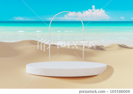 3D podium with copy space for product display presentation on beach with blue sky and white clouds abstract background. Tropical summer and vacation concept. 3D podium with copy space for product display presentation on beach with blue sky and white clouds abstract background. Tropical summer and vacation concept. 105586009