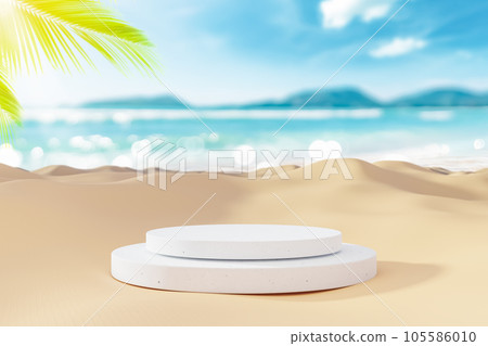 3d podium with copy space for product display presentation on palm beach abstract background. Tropical summer and vacation concept. 3d podium with copy space for product display presentation on palm beach abstract background. Tropical summer and vacation concept. 105586010
