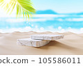 3d podium with copy space for product display presentation on palm beach abstract background. Tropical summer and vacation concept. 105586011
