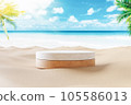 3d podium with copy space for product display presentation on palm beach abstract background. Tropical summer and vacation concept. 105586013