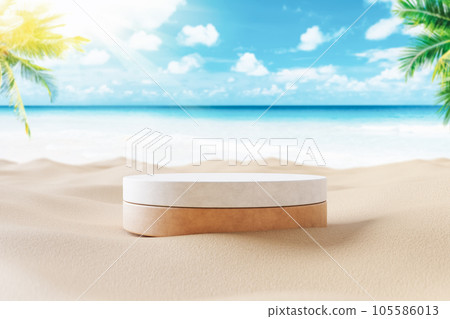 3d podium with copy space for product display presentation on palm beach abstract background. Tropical summer and vacation concept. 3d podium with copy space for product display presentation on palm beach abstract background. Tropical summer and vacation concept. 105586013