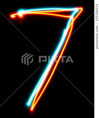 Number 7 of the alphabet made from neon sign. The blue red light image, long exposure with colored fairy lights, against a black background. 105586014