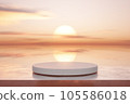 3D podium with copy space for product display presentation on tropical sunset beach abstract background. Tropical summer and vacation concept. 105586018