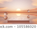 3D podium with copy space for product display presentation on tropical sunset beach abstract background. Tropical summer and vacation concept. 105586020