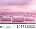3D podium with copy space for product display presentation on tropical sunset beach abstract background. Tropical summer and vacation concept. 105586022