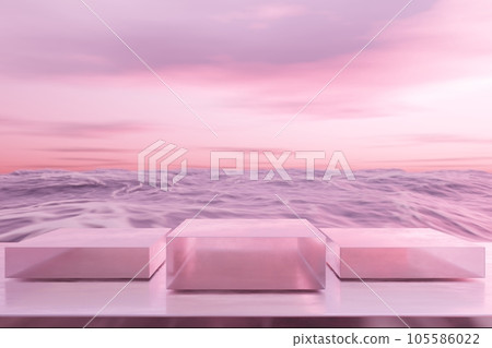 3D podium with copy space for product display presentation on tropical sunset beach abstract background. Tropical summer and vacation concept. 3D podium with copy space for product display presentation on tropical sunset beach abstract background. Tropical summer and vacation concept. 105586022