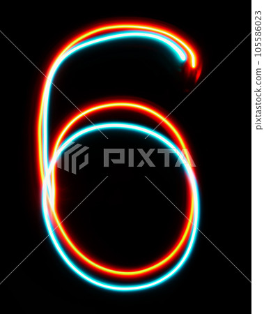 Number 6 of the alphabet made from neon sign. The blue red light image, long exposure with colored fairy lights, against a black background. Number 6 of the alphabet made from neon sign. The blue red light image, long exposure with colored fairy lights, against a black background. 105586023