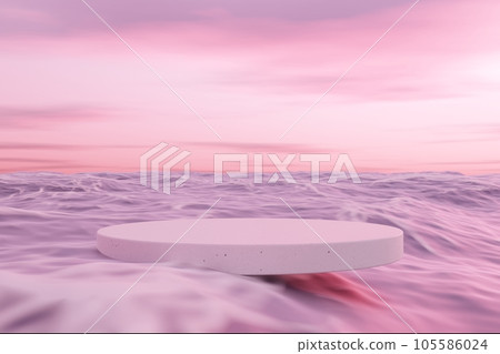 3D podium with copy space for product display presentation on tropical sunset beach abstract background. Tropical summer and vacation concept. 105586024