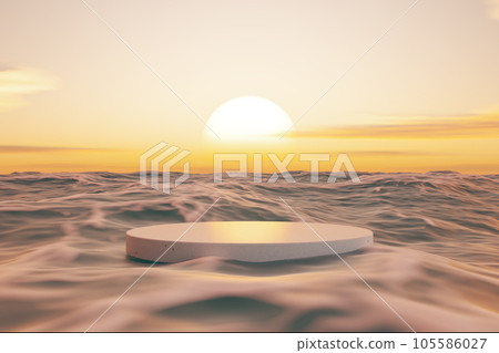 3D podium with copy space for product display presentation on tropical sunset beach abstract background. Tropical summer and vacation concept. 3D podium with copy space for product display presentation on tropical sunset beach abstract background. Tropical summer and vacation concept. 105586027